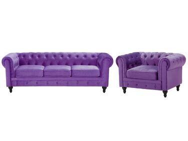 Set di divano e poltrona vintage in tessuto viola CHESTERFIELD