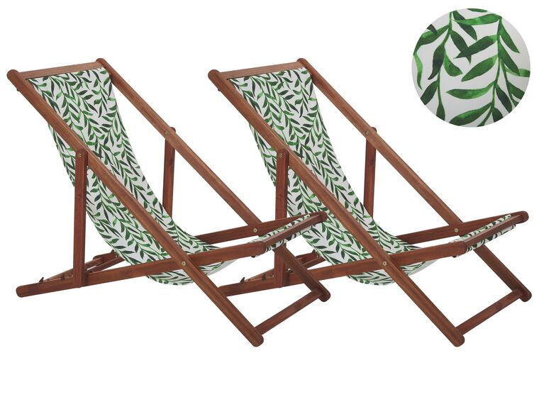 Conjunto de 2 tumbonas de jardín de madera de acacia clara con tela blanco/verde ANZIO_800453