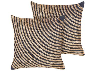 Set of 2 Cotton Cushion with Braided Jute 45 x 45 cm Beige and Black BERGENIA