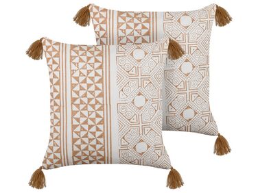 2 bawełniane poduszki dekoracyjne w geometryczny wzór z frędzlami 45 x 45 cm jasny brąz z białym MALUS