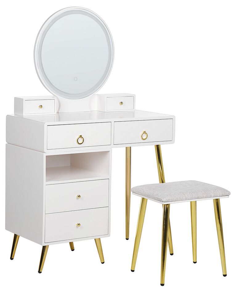 Toaletní stolek se 6 zásuvkami a LED zrcadlem a stoličkou bílý/zlatý YVES_881914