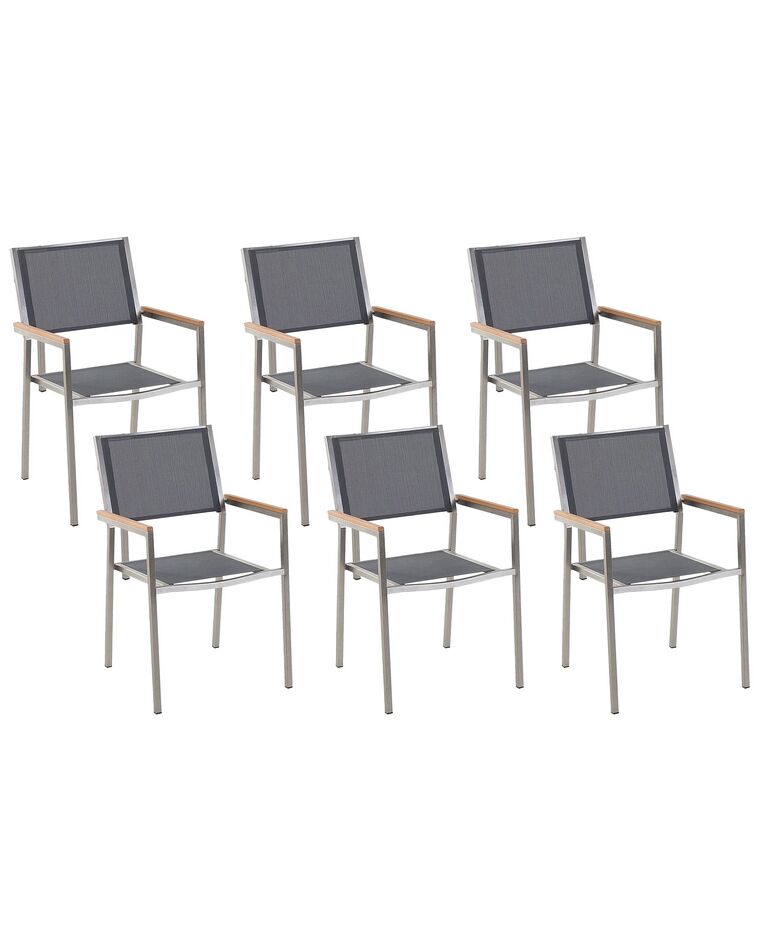 Conjunto de 6 sillas de jardín de poliéster/acero gris/plateado/madera clara GROSSETO_724704