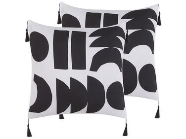 Dekokissen geometrisches Muster mit Fransen weiß / schwarz 45 x 45 cm 2er Set LIRIOPE