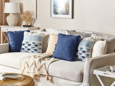Set of 2 Cotton Cushions with Tassels 45 x 45 cm White and Blue DATURA