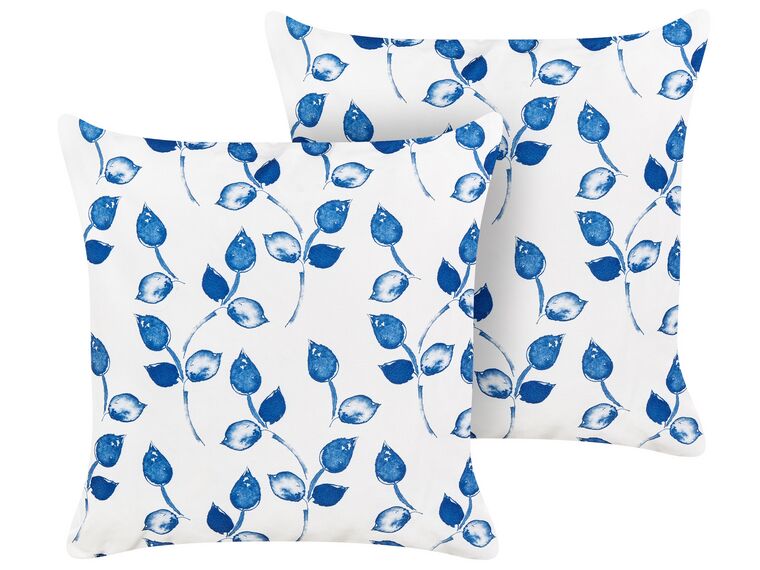 Set of 2 Outdoor Cushions Leaf Motif 45 x 45 cm White and Blue TORBORA_882368