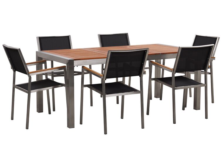 Conjunto de mesa com tampo em madeira de eucalipto 180 x 90 cm e 6 cadeiras pretas GROSSETO_768468