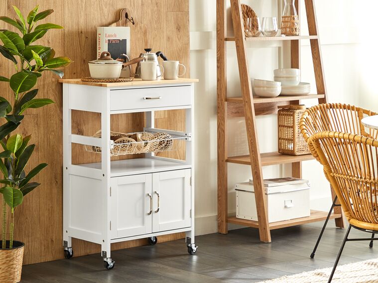 Carrello Da Cucina Homestyle - Bianco/Rovere Con 2 Vassoi E Portabottiglie