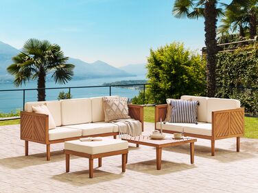 5 Seater Acacia Wood Garden Sofa Set with Coffee Table and Ottoman Light BARATTI