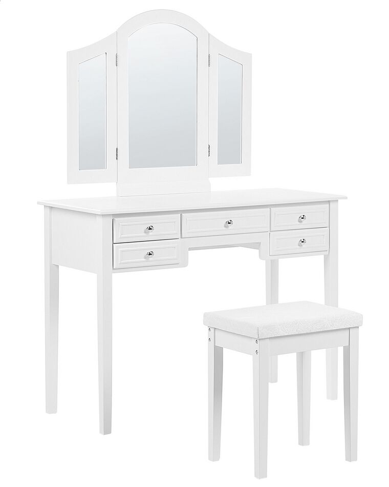 Toaletka 5 szuflad lustro i stołek biała LUMIERE_827332