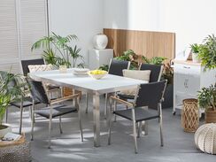 6-istuttava ulkoruokailuryhmä lasitaso polyrottinkituolit valkoinen/musta GROSSETO 6-istuttava ulkoruokailuryhmä lasitaso polyrottinkituolit valkoinen/musta GROSSETO