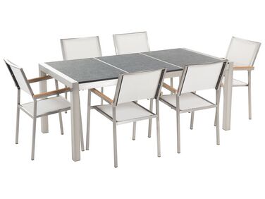 Hatszemélyes fekete égetett gránit étkezőasztal fehér textilén székekkel GROSSETO