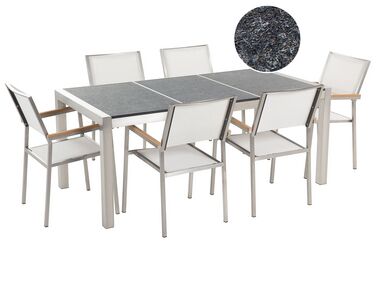 Conjunto de jardín mesa con tablero negro de piedra natural 180 cm, 6 sillas blancas GROSSETO 