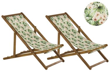 Set of 2 Acacia Folding Deck Chairs and 2 Replacement Fabrics Light Wood with Off-White / Floral Pattern ANZIO