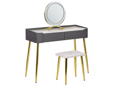 2 Drawers Dressing Table with LED Mirror and Stool Grey and Gold SURIN