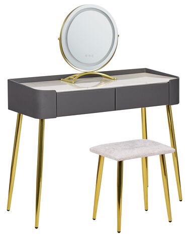 Konsolbord med 2 skuffer, LED spejl og skammel grå og guld SURIN