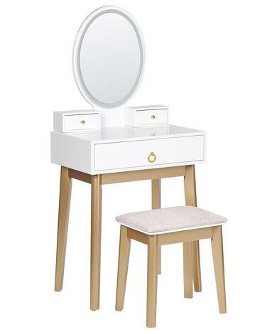 Toaletní stolek se 3 zásuvkami LED zrcadlem a stoličkou bílý/ zlatý ROSEY