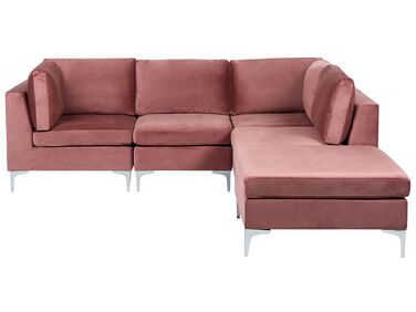 Sofá de canto de 4 lugares em veludo rosa com repousa-pés versão à esquerda EVJA