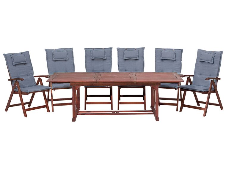 Zahradní souprava, dřevěný stůl a 6 židlí s modrými polštáři TOSCANA_788309