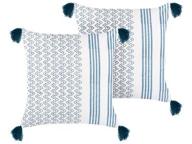 2 bawełniane poduszki geometryczny wzór z frędzlami 45 x 45 cm biało-niebieska TILIA