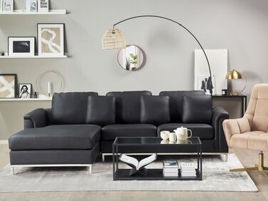 Right Hand Leather Corner Sofa with Ottoman Black OSLO