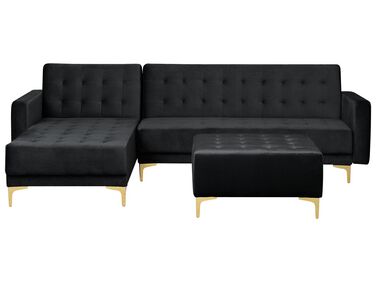 Right Hand Velvet Corner Sofa with Ottoman Black ABERDEEN