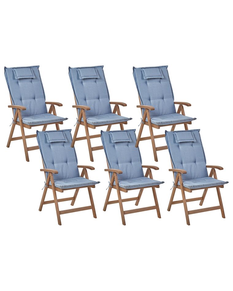 Conjunto 6 cadeiras de jardim em madeira escura de acácia com almofadas azuis AMANTEA_879776