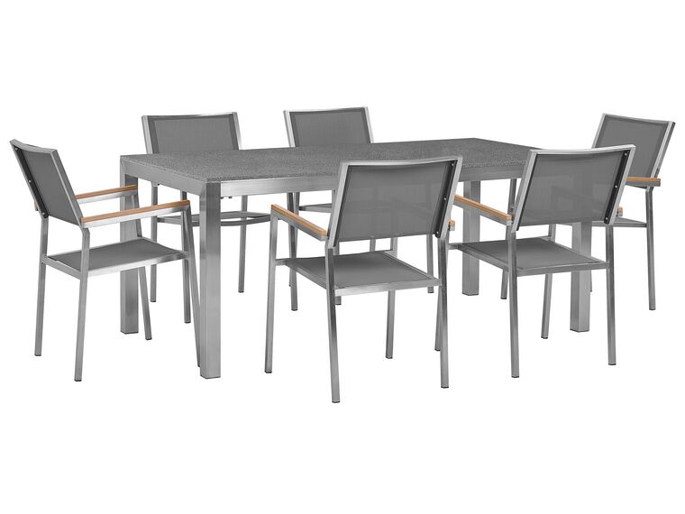 Hatszemélyes szürke gránit étkezőasztal szürke textilén székekkel GROSSETO_429299
