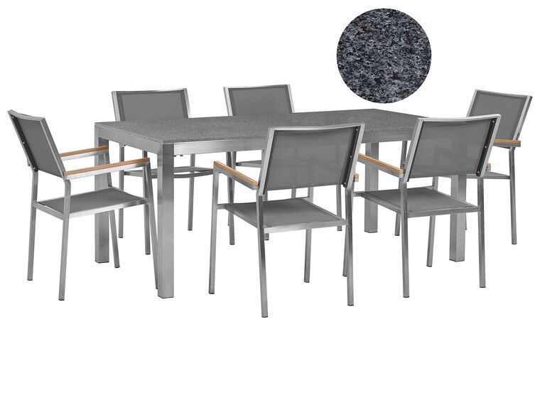 Set di tavolo e 6 sedie da giardino in acciaio granito e fibra tessile grigia piano singolo grigio lucido 180 cm GROSSETO_429299