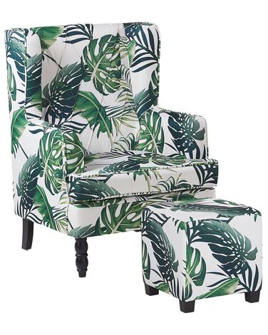 Armchair with Footstool Leaf Pattern White and Green SANDSET