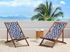 Set of 2 Acacia Folding Deck Chairs and 2 Replacement Fabrics Dark Wood with Off-White / Navy Blue Floral Pattern ANZIO_819936