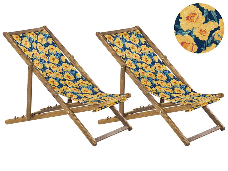 Set of 2 Acacia Folding Deck Chairs and 2 Replacement Fabrics Light Wood with Off-White / Yellow Floral Pattern ANZIO_819602