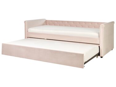 Rozkladacia zamatová posteľ 90 x 200 cm pastelová ružová LIBOURNE