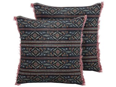 Set of 2 Velvet Fringed Cushions with Flower Pattern 45 x 45 cm Multicolour RUTA