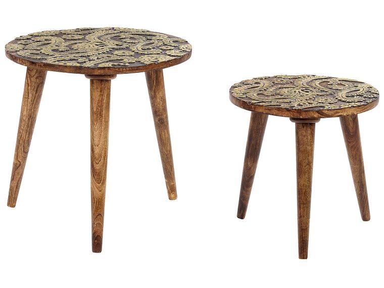 Sada 2 konferenčných stolíkov z mangového dreva tmavé drevo/zlatá CHANPI_852208