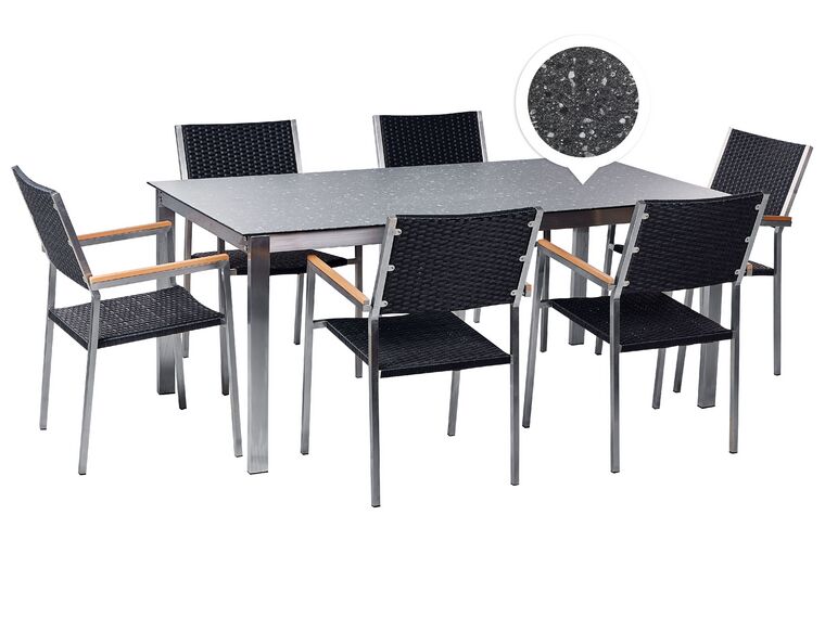 Hatszemélyes fekete gránithatású üveg étkezőasztal fekete műrattan székekkel COSOLETO/GROSSETO_881590