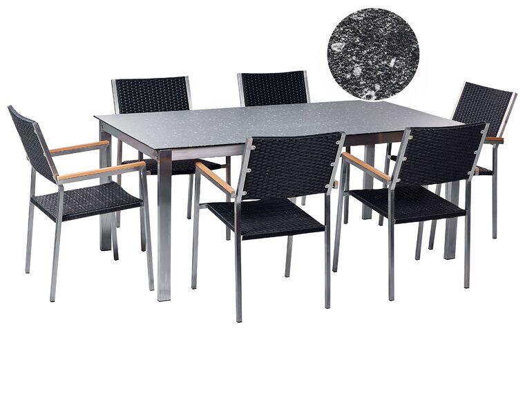 Zestaw ogrodowy stół szklany efekt granitu i 6 krzeseł z technorattanu czarny COSOLETO/GROSSETO_881590