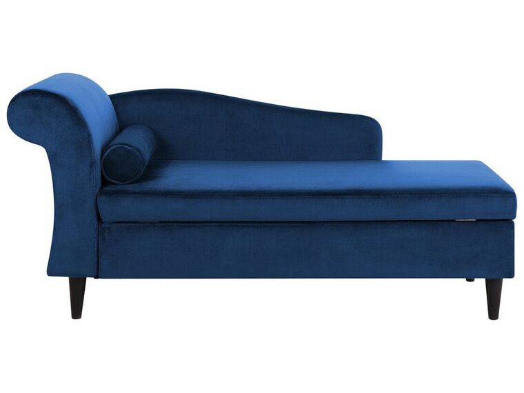 Chaise longue velluto blu marino e legno scuro sinistra LUIRO_729345