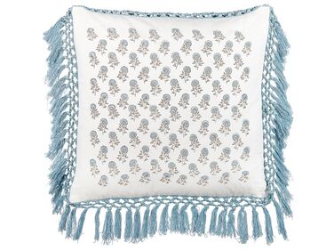 Almofada decorativa com padrão floral e borlas em algodão branco e azul 45 x 45 cm PALLIDA
