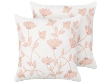 2 bawełniane poduszki dekoracyjne haftowana w kwiaty 45 x 45 cm białe z różowym LUDISIA