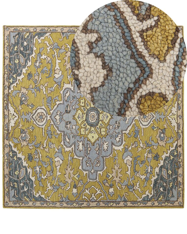Teppich Wolle gelb / blau 200 x 200 cm orientalisches Muster Kurzflor MUCUR_830702