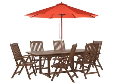 Set da giardino con 6 sedie legno di acacia scuro e ombrellone rosso AMANTEA