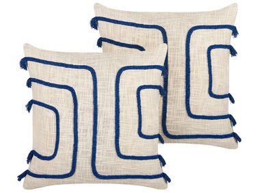 Set of 2 Cotton Cushions Abstract Pattern 45 x 45 cm Beige and Navy Blue PLEIONE