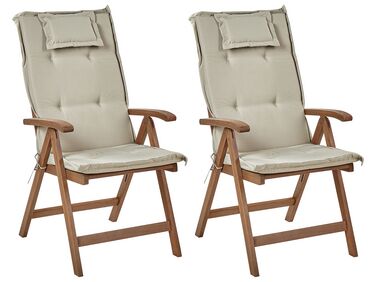 Conjunto 2 cadeiras de jardim em madeira escura de acácia com almofadas taupe AMANTEA