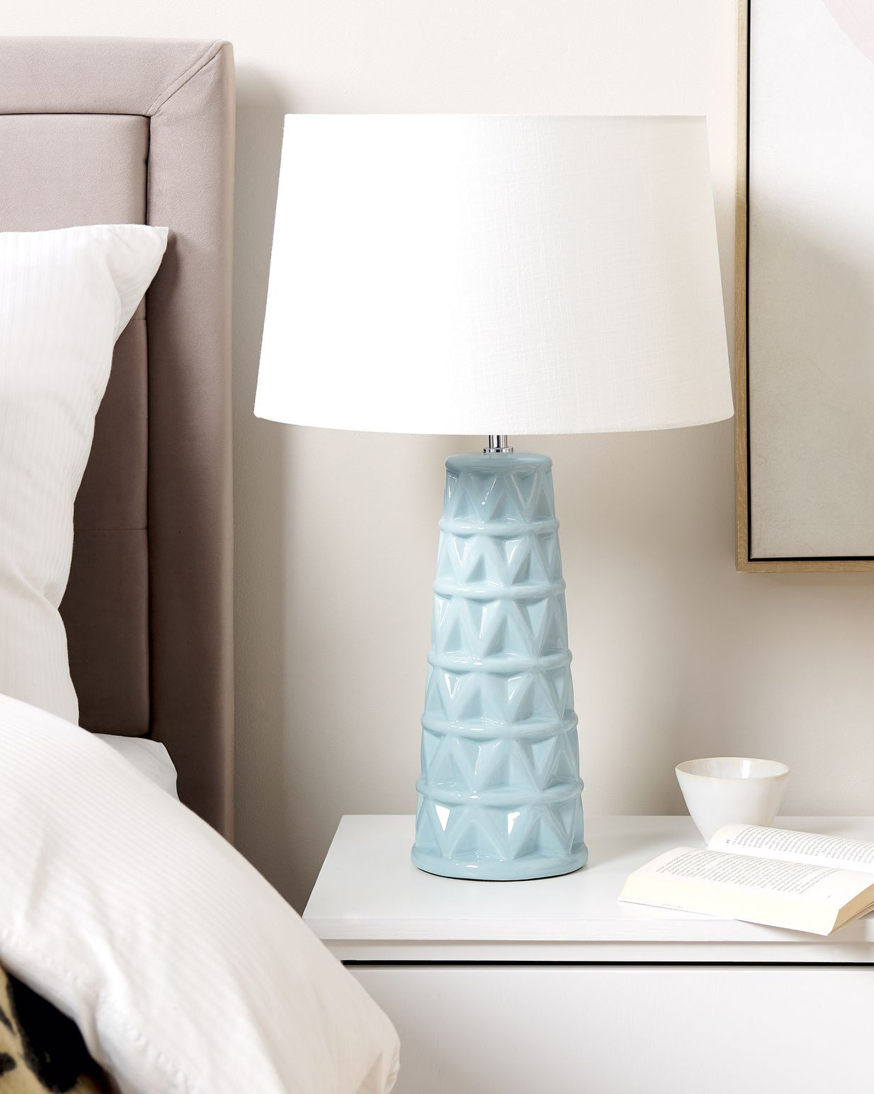 Lámpara de mesa de cerámica/lino azul/blanco 63 cm VINCES_843194