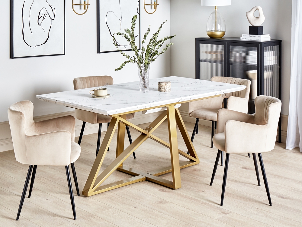 Table à manger extensible dorée effet marbre 160/200 x 90 cm