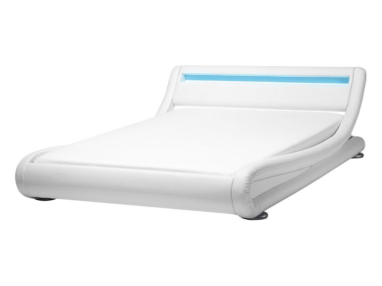 Beliani Faux Leather Eu Double Bed With Led White Avignon, White Leather Upholstered Bed King