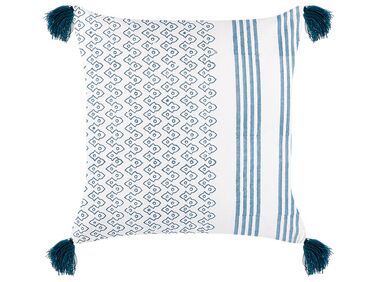 Dekokissen geometrisches Muster Baumwolle weiss/blau mit Quasten 45 x 45 cm TILIA