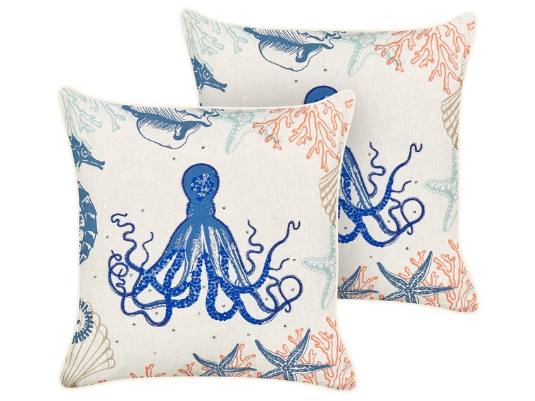 Set of 2 Linen Cushions Octopus Motif 45 x 45 cm Beige ACROPORA_893112