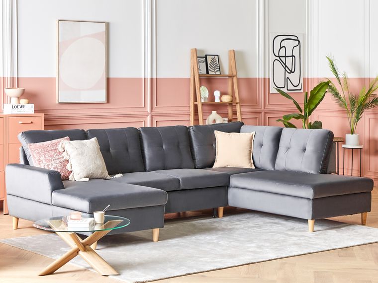 Velvet Corner Sofa Bed with Storage Grey LERUM Beliani.co.uk