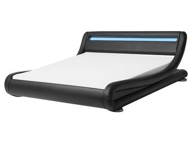 Cama de casal de água com iluminação LED em pele sintética preta 160 x 200 cm AVIGNON
